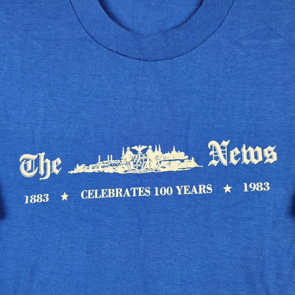 Vintage The News Shirt Mens Large Blue 100 Years 1983 80s Graphic Logo TV Paper